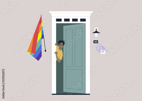 A young male African character peeking out of the entrance door with a rainbow flag on the wall, a safe space for the LGBTQ community, coming out