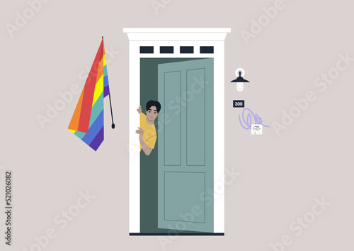 A young male Asian character peeking out of the entrance door with a rainbow flag on the wall, a safe space for the LGBTQ community, coming out