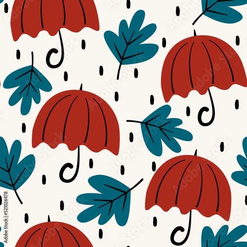 Cute vintage colorful umbrellas seamless vector pattern background illustration with blue leaves