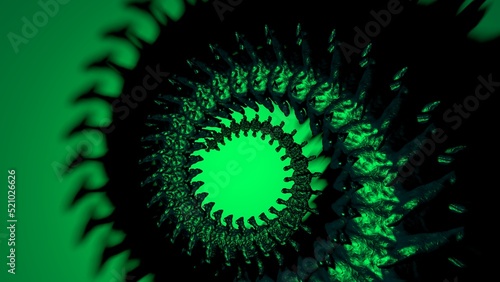 Abstract curled fern leaf. Green fractal elements. Organic fantasy spiral. Decorative radial effect. Floral circle ornament. 3D renderring photo