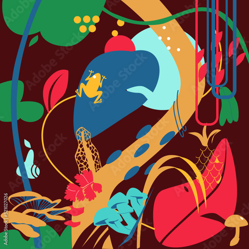 Abstract dark print - tropical forest. Suitable for wall painting or textiles. Vector illustration.