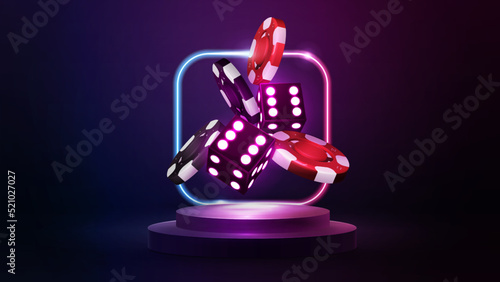 Podium with dice with red and black realistic gambling stack of casino chips and gradient neon square frame in dark empty scene.