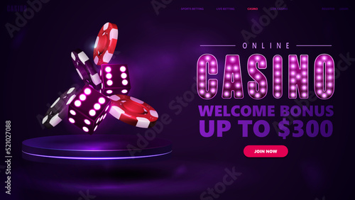 Online casino, purple banner with podium with purple neon 3D dice with red and black realistic gambling stack of casino chips in dark empty scene.