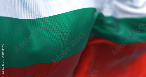 Close-up view of the Bulgarian national flag waving in the wind