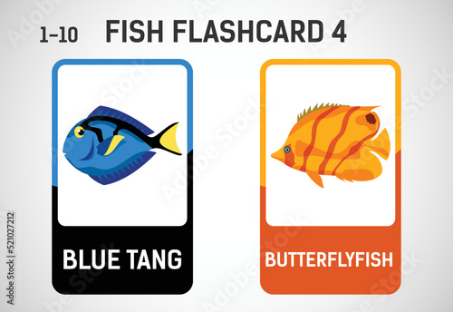Fish flashcards for kids. Educational cards for preschool. Printable vector illustration