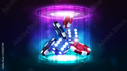 Blue neon 3D dice with red and black realistic gambling stack of casino chips inside pink and blue hologram of digital rings in dark empty scene