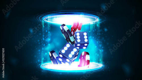Blue neon 3D dice with red and black realistic gambling stack of casino chips inside blue portal made of digital rings in dark empty scene