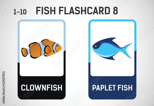 Fish flashcards for kids. Educational cards for preschool. Printable vector illustration