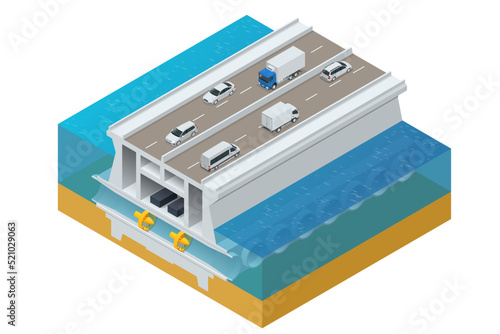 Isometric tidal power station. Renewable energy from tidal energy. Tidal power plant photo