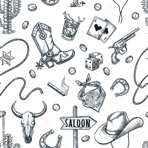 Wild West seamless pattern. Vector hand drawn sketch illustration. Cowboy hat, spur boots, cow skull on white background