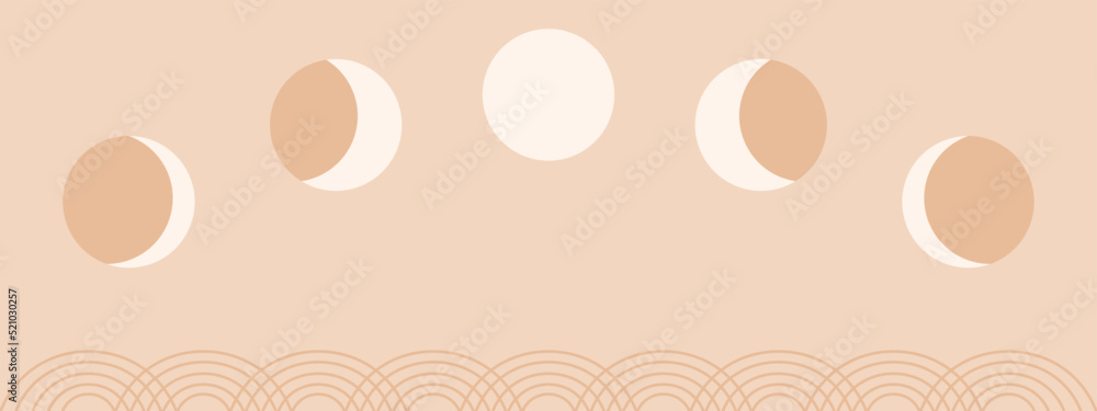 Obraz premium Moon phases simple banner. Asian chinese, korean or japanese decorative poster with line waves, vector background