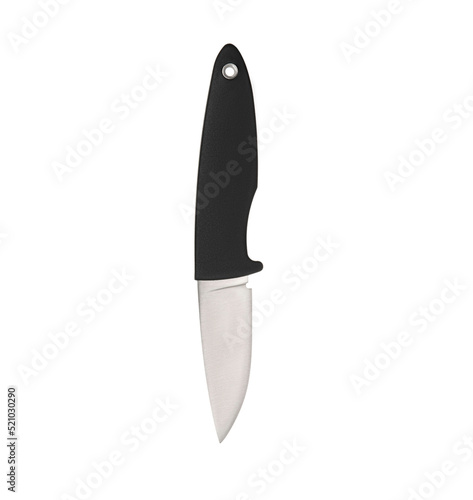 Modern hunting knife with silver blade and rubber handle. Steel arms. Isolate on a white back