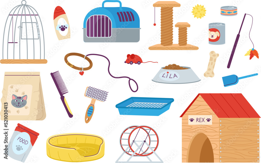 Pet shop tools. Dog hairstyling tools, parrot cage and cat accessories. Cartoon pets carriers and toy, isolated animal styling service decent vector elements