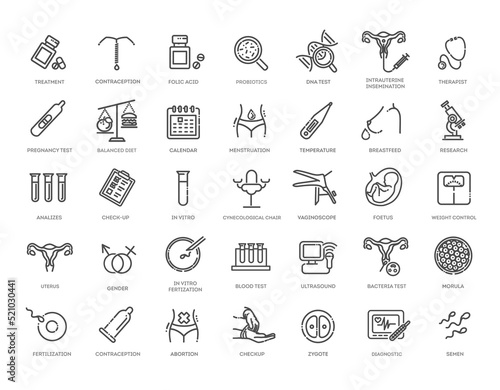 Vector set of icons. Gynecology, gynecological problem and disease