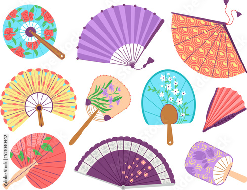 Handheld fan set. Japan yellow fans, asian souvenir collection. Colorful decorative fanning, chinese culture festival paper accessories decent vector clipart