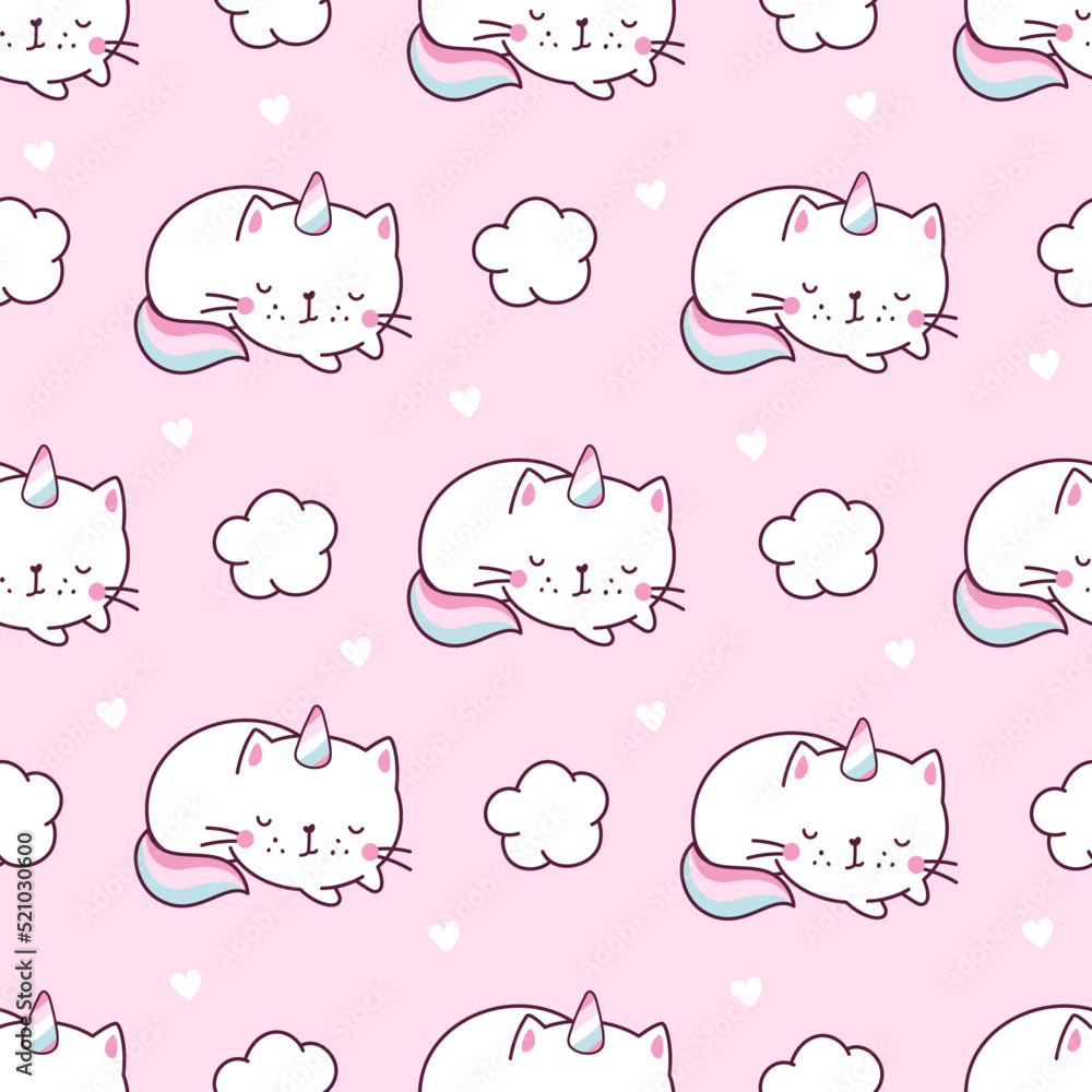 Fototapeta premium Cat unicorn seamless pattern. Unicorns kitty pastel characters, textile print with cute caticorns. Funny cartoon animals, magic graphic nowaday vector background