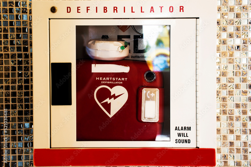 Emergency Automated External Defibrillator or AED at equipment station