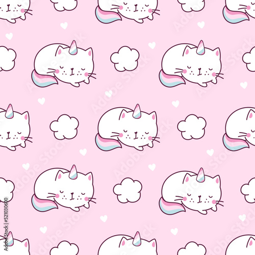 Cat unicorn seamless pattern. Unicorns kitty pastel characters, textile print with cute caticorns. Funny cartoon animals, magic graphic nowaday vector background