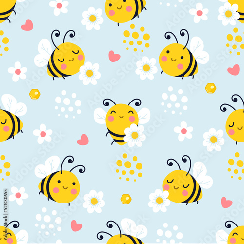Bee seamless pattern. Bees flying, daisy meadow and insect pretty fabric prints. Cute cartoon summer spring babies background, nowaday nature vector template