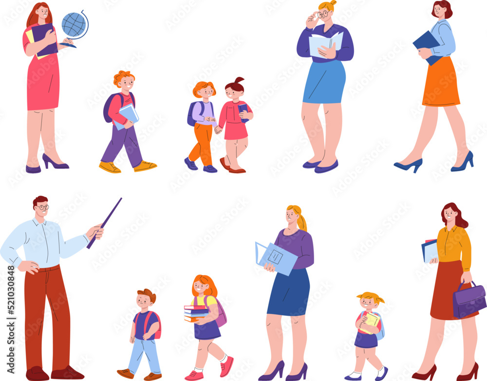 Back to school flat characters. Teenage students, pupils with bag and books. University teachers, isolated young adult. Children go study kicky vector set