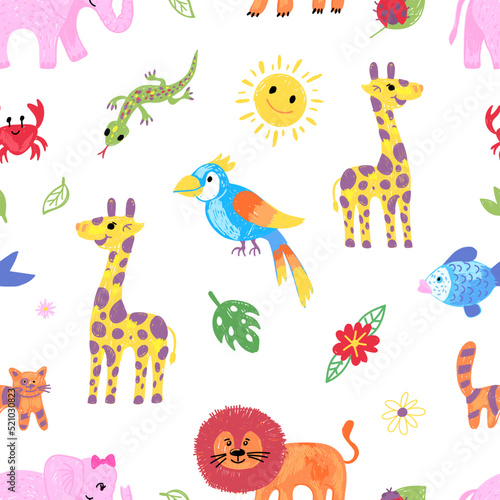 Drawing animal pattern. Children hand drawn crayons animals  color pencil paint giraffe  elephant  cat and lion. Safari exotic neoteric vector seamless pattern