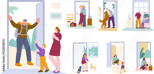 Man come back to home. Girl leaving house, rushing in trip. People opening door in life, family welcome concept. Kids meeting dad mom, kicky vector characters
