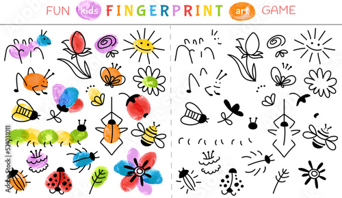 Fingerprint game for children. Nursery learning paint, baby painted art activities. Education draw animals and insects, kindergarten play decent vector template