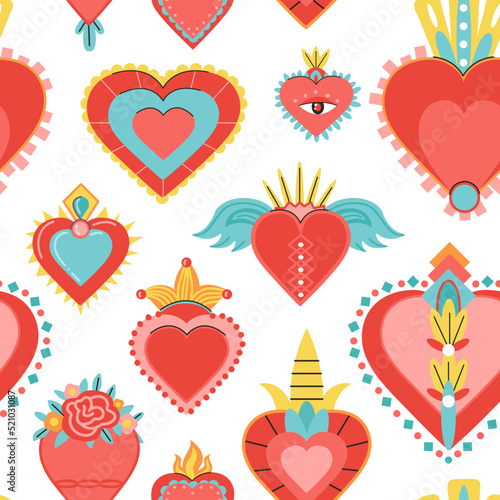 Mexican hearts background. Heart with fire and eyes, gods love symbol. Mexico design print, decent sacred decorative vector seamless pattern