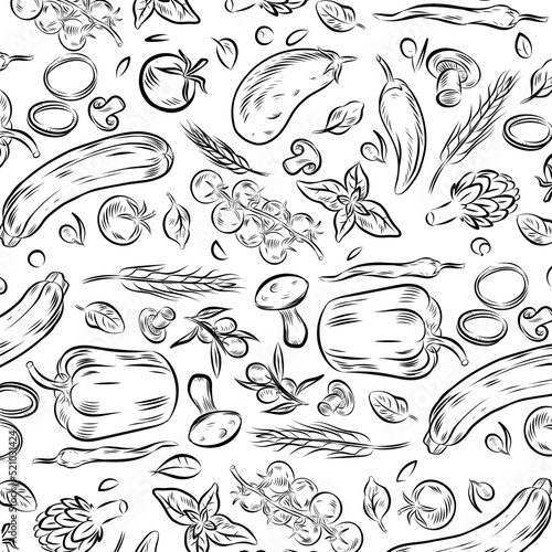 Hand drawn fruits and vegetables set. seamless pattern