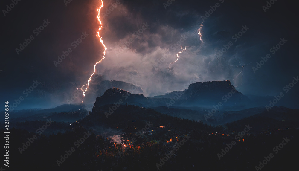 Dark dramatic stormy night sky with lightning bolts. Night.mountain ...