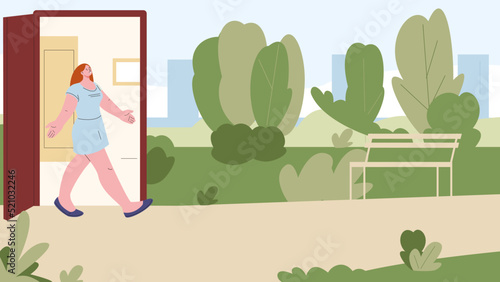 Happy woman coming out home walk in park. Young girl leave office work and start freelance, freedom metaphor. Fresh air walking after disease vector concept