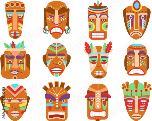 Tribal masks. Tiki idols, ethnic totem mask. Isolated ancient african wooden warriors symbols. Cartoon traditional maya culture decent vector elements