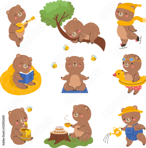 Funny bear character. Isolated bears poses, cartoon animals emoticon. Kawaii wild forest brown animal, nowaday teddy toy with honey vector set