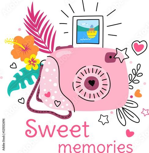 Sweet memories. Camera savings beautiful moments, t-shirt art print design. Fun slogan, fashion sticker with photo and flowers. Memory nowaday vector background