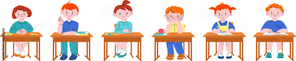 Kids sitting at desk. Study student, isolated lesson school characters. Classroom children, cute cartoon pupils. Small kicky boy girl at college vector set Kids sitting at desk. Study student, isolated lesson school characters. Classroom children, cute cartoon pupils. Small kicky boy girl at college vector set