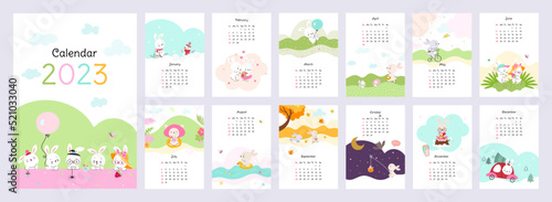 Bunny wall calendar 2023 new year. Kitchen calendars pages template with rabbits. Kid fun animals in different seasons. Cartoon rabbit for planner nowaday vector design