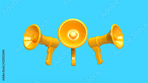 3d render three megaphones in a yellow circle on a blue background action attention news alarm siren Ukraine Russian photo