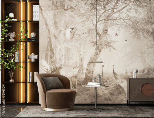 Modern living room interior with Wallpaper Jungle Tropical Forest wall wood and armchair and book tebal- 3d rendering