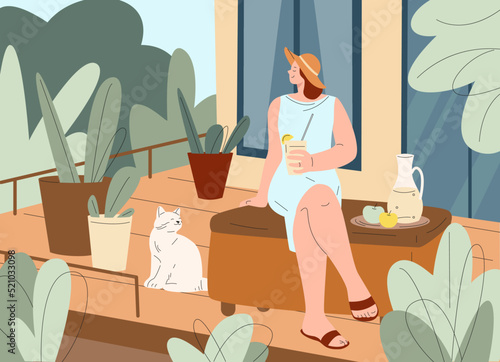 Woman on balcony relax. Terrace summer rest, slow lifestyle with cat and drink. Female on green house porch enjoy life, backyard or garden kicky vector scene