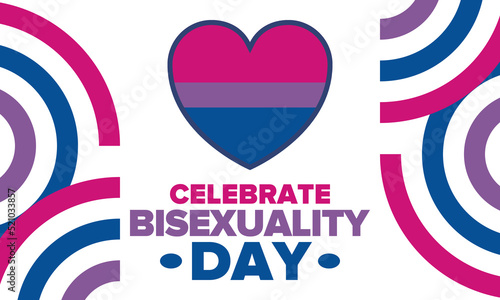 Celebrate Bisexuality Day. Bisexual Pride and Bi Visibility Day. Bisexual flag. Coming out. Celebrated annual in September 23. Festival and parade. Poster, card, banner, template, background. Vector