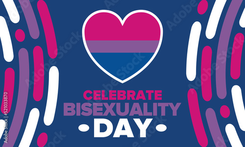Celebrate Bisexuality Day. Bisexual Pride and Bi Visibility Day. Bisexual flag. Coming out. Celebrated annual in September 23. Festival and parade. Poster, card, banner, template, background. Vector