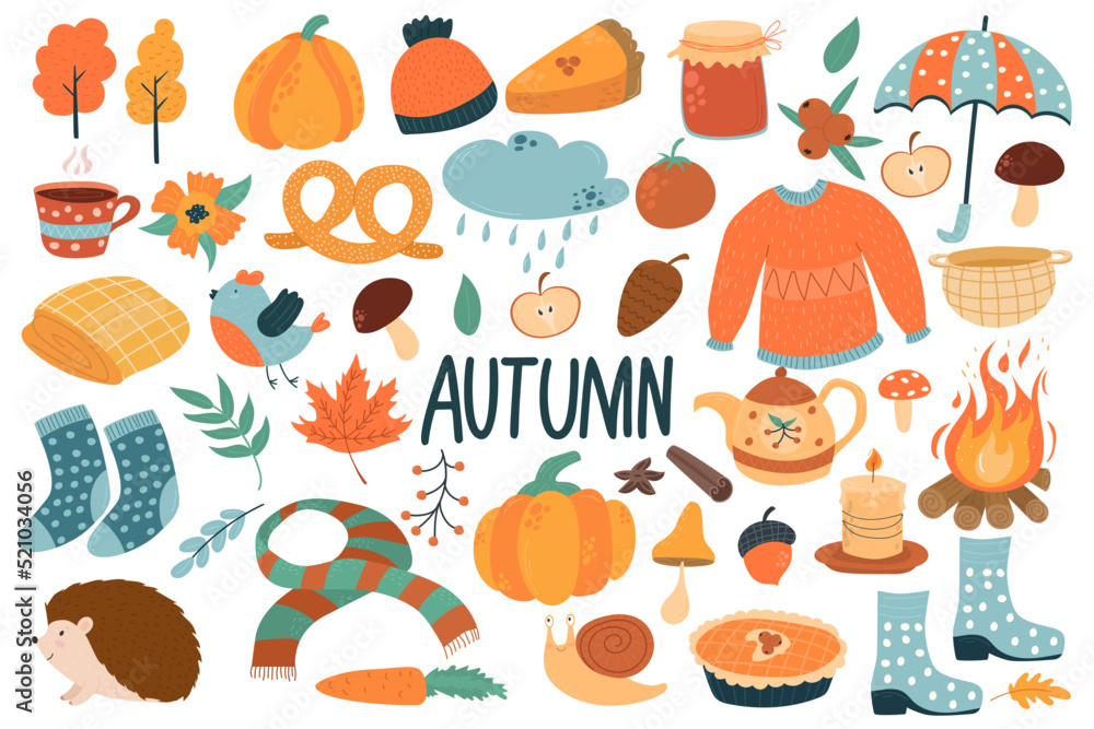 Naklejka premium Big vector set with autumn attributes. Sweater, duty, pastries, hot tea, cinnamon, candle, yellow leaf, hat, scarf. Hello, Autumn. Illustration in modern cute style.