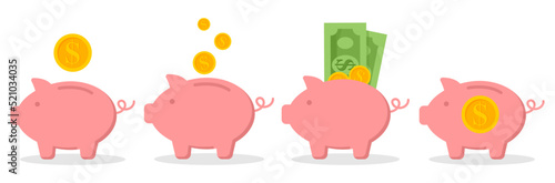 set piggy bank with coin. Icon saving or accumulation of money, investment, donat. Outline money box icon, with editable stroke. Piggy bank with dollar sign, moneybox pictogram. Piggybank, investing 