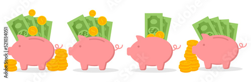 set piggy bank with coin. Icon saving or accumulation of money, investment, donat. Outline money box icon, with editable stroke. Piggy bank with dollar sign, moneybox pictogram. Piggybank, investing 