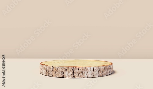 Wood slice podium with leaves shadows on beige background for cosmetic product mockup. 3d rendering