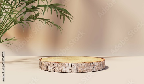 Fototapeta Naklejka Na Ścianę i Meble -  Wood slice podium with leaves shadows on beige background for cosmetic product mockup. 3d rendering