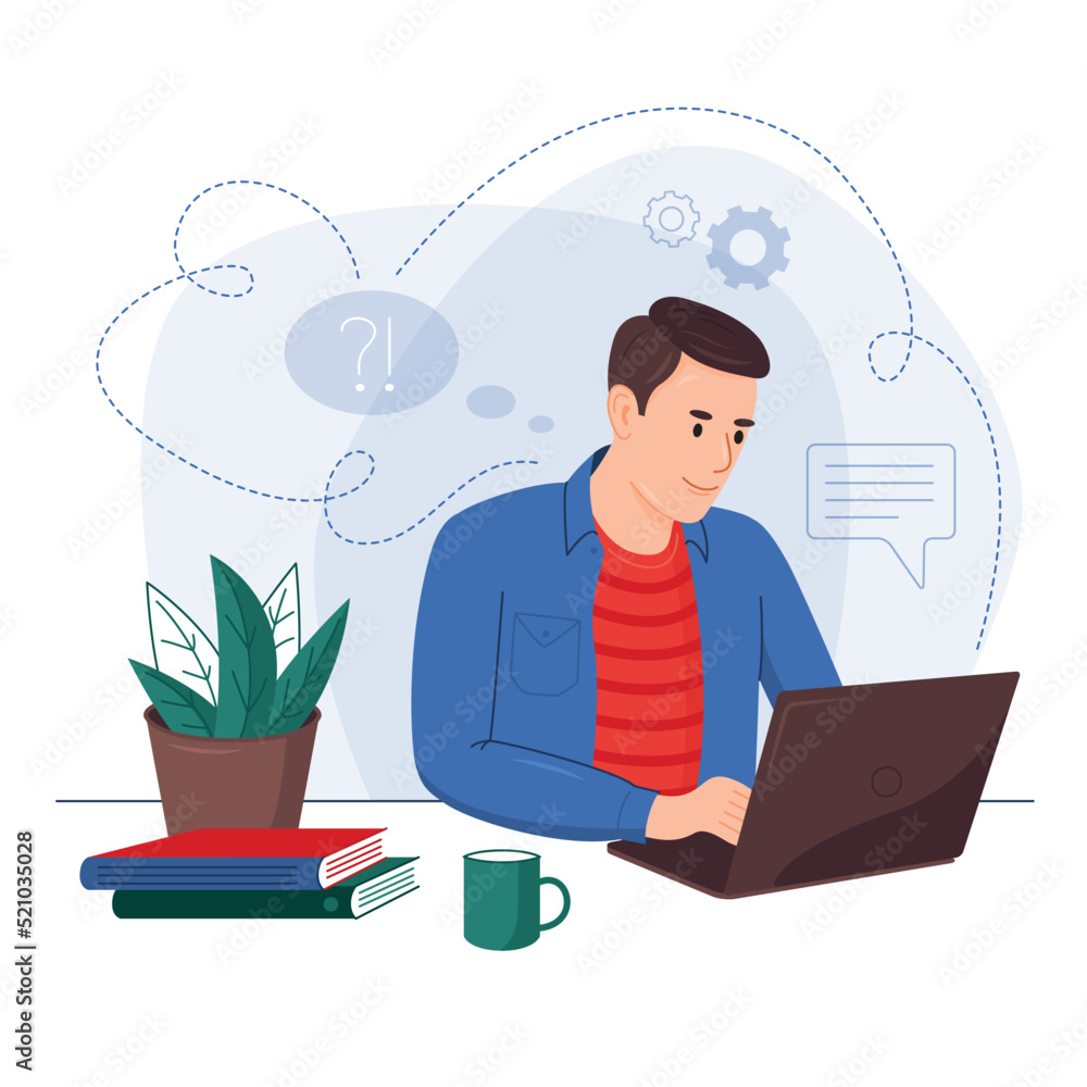 Online remote work concept, illustration. Man sitting at a computer, laptop. Online training, conference, webinar, courses, lessons, master classes, training video, work, online sales
Online remote work concept, illustration. Man sitting at a computer, laptop. Online training, conference, webinar, courses, lessons, master classes, training video, work, online sales