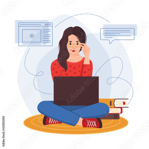 Online Remote work concept, vector illustration. Girl sitting at a computer, laptop. Online training, conference, webinar, courses, lessons, master classes, training video, work, online sales and pur