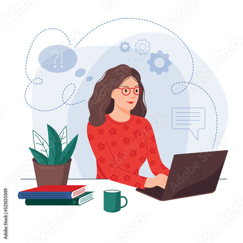 Online Remote work concept, vector illustration. Girl sitting at a computer, laptop. Online training, conference, webinar, courses, lessons, master classes, training video, work, online sales and pur