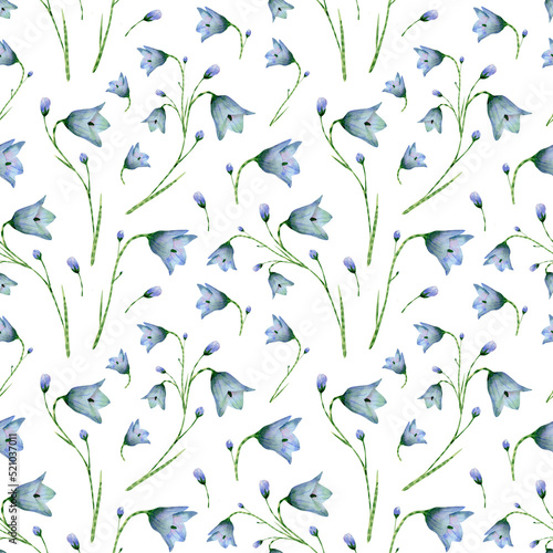 Seamless bluebell flower pattern. Watercolor background with blue wildflowers  leaves  bud. Ornament with plants for textile  wallpapers